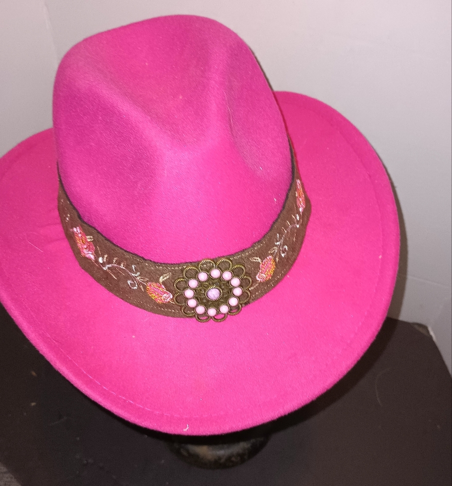 Pink Fedora Hat with Embroidered Band